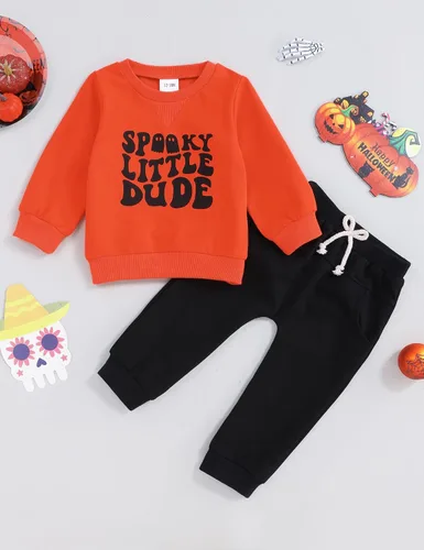 Vista 2 de RCPATERN Conjunto de sudadera de calabaza y pantalones de Halloween para bebé, con cuello redondo, para Halloween, otoño e invierno