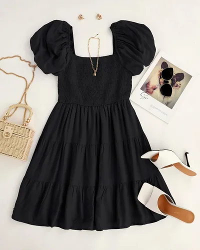Vista 5 de ZESICA Mini vestido corto de verano bohemio 2025 con cuello cuadrado, manga abombada, hombros descubiertos, fruncido, escalonado, casual