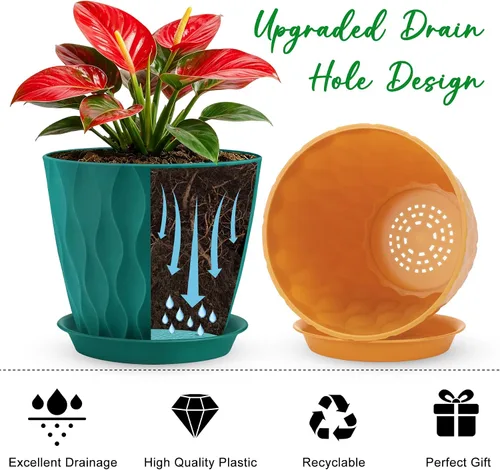 Vista 3 de YNNICO Macetas de 8 pulgadas, paquete de 6 macetas de plástico con drenaje Macetas de plástico ligeras y multicolor para jardín para plantas