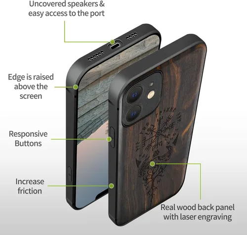 Vista 8 de Carveit Funda magnética de madera para iPhone 12 [madera real dura y TPU suave] a prueba de golpes, funda protectora híbrida única y elegante