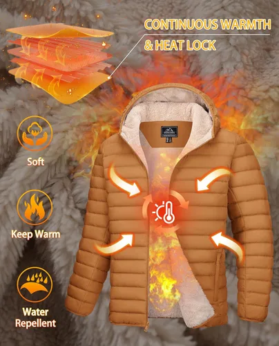 Vista 13 de MAGCOMSEN Chaqueta acolchada para hombre con capucha, forro de vellón, chaqueta térmica resistente al agua, chaqueta de plumón con cremallera