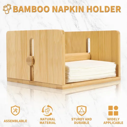 Vista 5 de Servilletero de bambú para mesa, servilletero cuadrado con brazo pesado, soporte de papel de cóctel de madera para cocina, comedor y fiesta