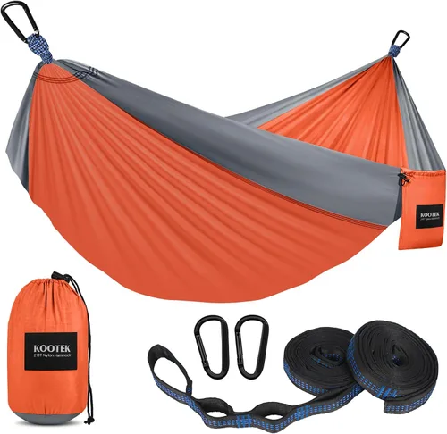 Vista 7 de Kootek - Hamaca portátil doble e individual con 2 correas para árboles, de nailon ligero de paracaídas para mochileros, viajes, playa, patio, Negro