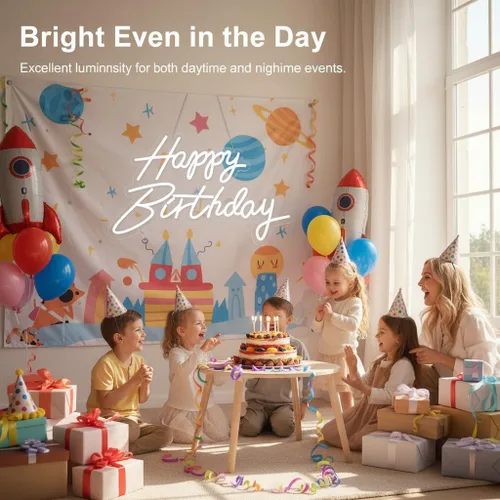 Vista 2 de Letrero de neón con texto en inglés "Happy Birthday", letras LED acrílicas de 19.6 x 11.8 pulgadas, letras iluminadas, letreros LED de neón