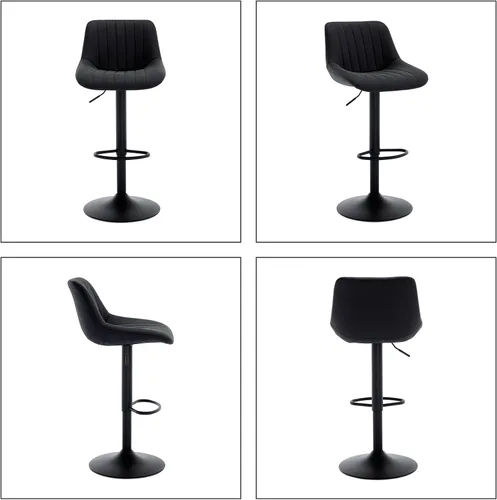 Vista 5 de Juego de 2 taburetes de bar ajustables de piel sintética, modernos taburetes giratorios con respaldo, base de metal negro y reposapiés, sillas