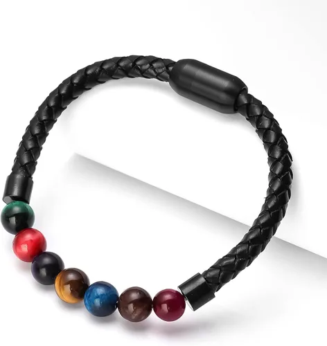 Vista 6 de Pulsera de cuentas de cuero genuino con cierre magnético de 8.5 pulgadas