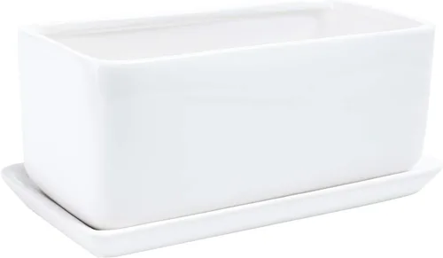 Vista 2 de Maceta rectangular de cerámica blanca de 10 pulgadas, maceta para suculentas, cactus, hierbas, flores, caja de ventana, platillo, bandeja de goteo
