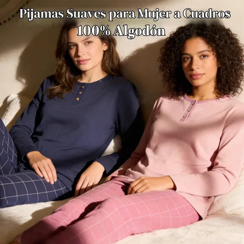 Vista 5 de U2SKIIN Pijama 100% algodón para mujer, conjunto de 2 piezas, suave, de Cuadros rosa claro/rosa claro