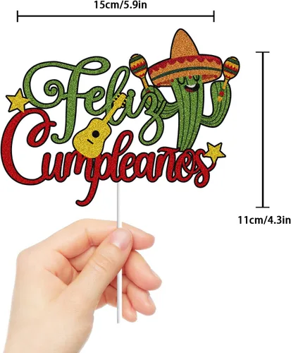 Vista 2 de Cactus Feliz Cumpleaños - Decoración para tartas verde y rojo con purpurina mexicana, feliz cumpleaños, fiesta temática española, suministros