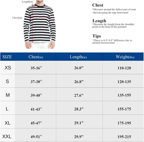 Vista 2 de LEDING Camisa para hombre a rayas, color negro, blanco, algodón, elastano, cuello redondo, manga larga, básica, a rayas, casual, camiseta de cuello