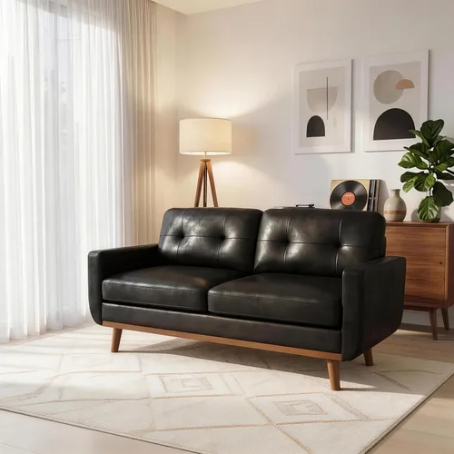 Vista 4 de 65 inch Wide Loveseat Sofa, Mid Century Modern Small Room Couch with Solid Wood Legs Button Tufted Upholstered Sofa for Living Room Bedroom (Black)