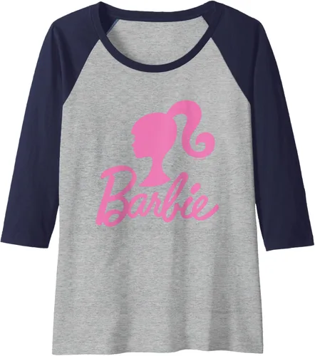 Vista 5 de Barbie - Camiseta de béisbol raglán raglán con logotipo rosa de Barbie, Negro - Negro/Blanco