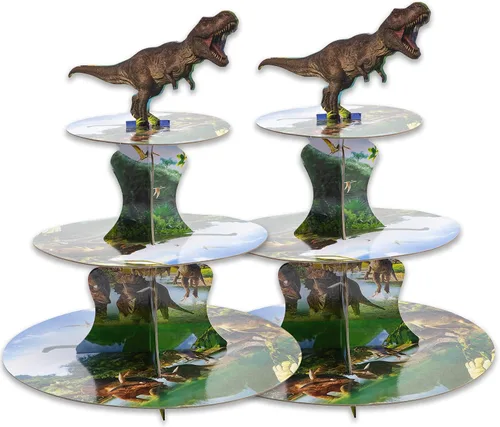 Vista 7 de Soporte para cupcakes de dinosaurio de 3 niveles para fiesta de cumpleaños de niños, soporte de cartón para 24 cupcakes