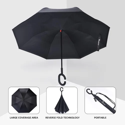 Vista 2 de SY COMPACT Paraguas invertido resistente al viento de doble capa con mango en forma de C, paraguas recto para automóvil, tienda de lluvia