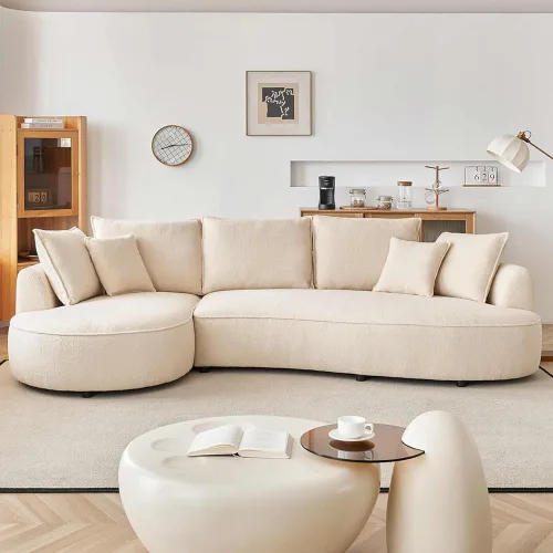 Vista 4 de Sofá curvo para sala de estar, sofá modular moderno, cómodo sofá de nube Boucle para apartamento oficina con almohadas (diván beige izquierdo)