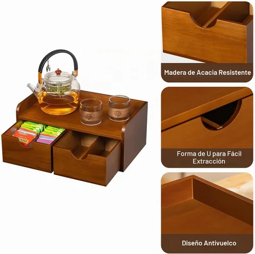 Vista 6 de Organizador de bolsas de té de madera de acacia con cajón, organizadores