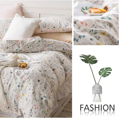Vista 7 de AMWAN Juego de ropa de cama 100% algodón con diseño botánico de flores estilo jardín, 1 funda de edredón y 2 fundas de almohada, tamaño matrimonial