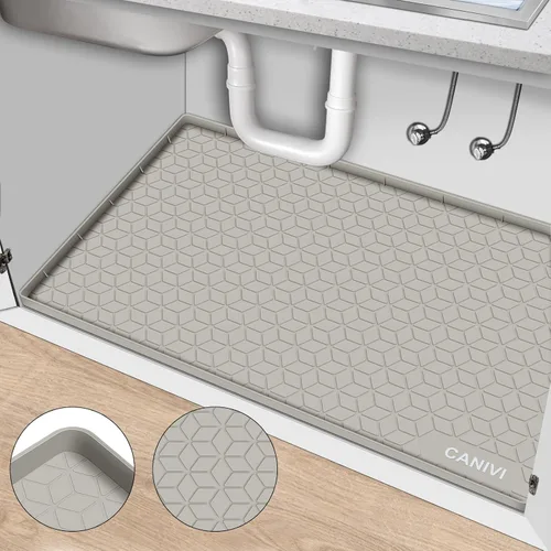 Vista 8 de Tapete para debajo del fregadero, bandeja de silicona impermeable para debajo del fregadero, 28 x 22 pulgadas, para armarios de cocina y lavandería