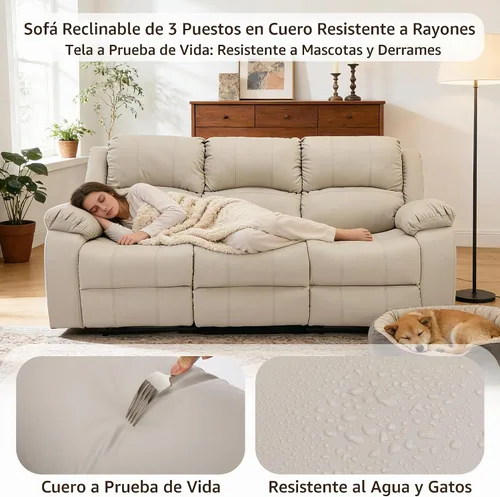 Vista 4 de Sofá reclinable de piel sintética de 3 plazas, color beige