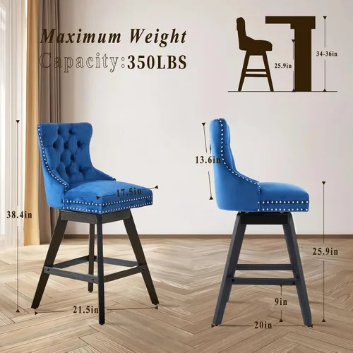 Vista 255 de SoarFlash Juego de 2 taburetes de bar tapizados de terciopelo moderno con patas de madera, botones acolchados, cabeza de clavo cromada, asiento