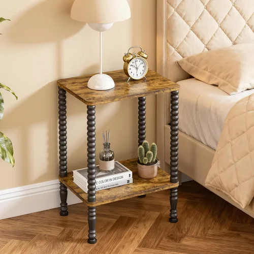 Vista 2 de Mesa auxiliar, mesa auxiliar pequeña, mesita de noche de 2 niveles con estantes de almacenamiento, mesa de centro para espacios pequeños, diseño