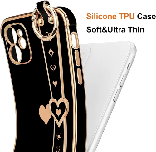 Vista 3 de LLZ.COQUE Funda para iPhone 11 con correa chapada en corazón, para mujeres y niñas, protección de lente de cámara de silicona suave, a prueba