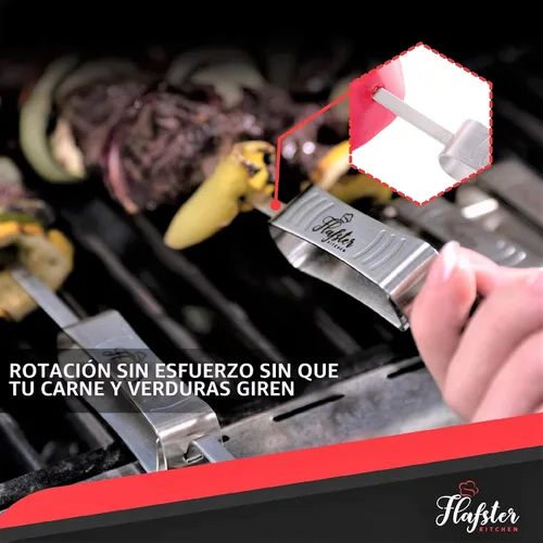 Vista 5 de FLAFSTER KITCHEN - Brochetas de barbacoa para asar – Palos de Kebab planos de acero inoxidable de 16 pulgadas con barra de empuje, brochetas