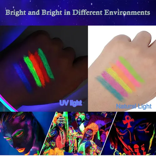 Vista 6 de 12 piezas de maquillaje de pintura facial y corporal con luz negra, kit de pintura facial que brilla en la oscuridad, palos de pintura de neón