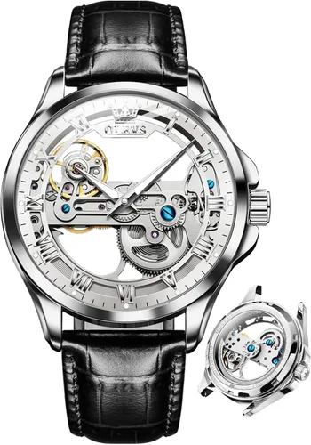 Vista 13 de OLEVS Relojes de esqueleto para hombre, automático, mecánico, de lujo, de cuero, impermeable, luminoso, reloj de pulsera para hombre