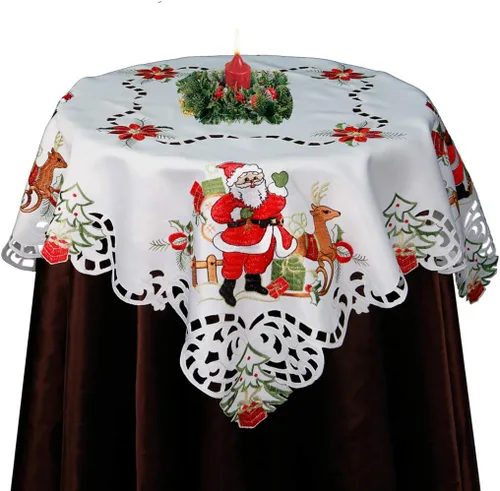 Vista 7 de Creative Linens Juego de 4 manteles individuales bordados de Navidad con Papá Noel, reno, flor de pascua, 11 x 17 pulgadas, color blanco