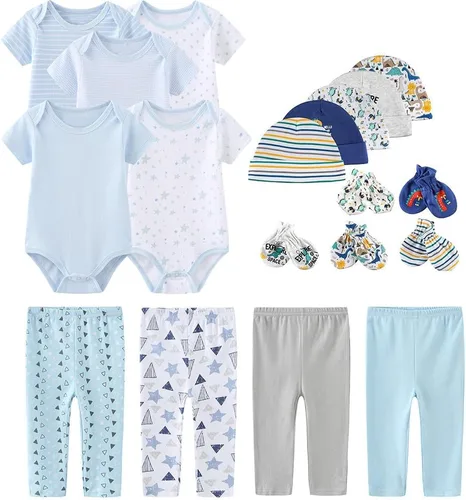 Vista 13 de Kiddiezoom Conjunto unisex de ropa esencial para bebé, juego de regalo, 19 piezas para bebé recién nacido azul (Blue1)