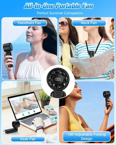 Vista 5 de Ventilador turbo portátil de mano 4 en 1, mini ventilador plegable de 180° de 6 velocidades (1-100), batería recargable de 5000 mAh hasta 15 horas