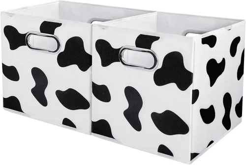 Vista 7 de ANMINY 2 cubos de almacenamiento con estampado de vaca, cestas de almacenamiento de 11 pulgadas con asas, lavables, plegables, de tela de algodón