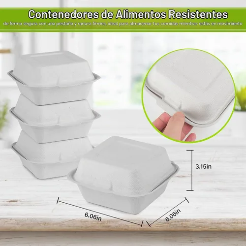 Vista 6 de greensight Envases para llevar desechables 6x6, paquete de 100 envases para alimentos en forma de concha, cajas compostables para llevar, envases