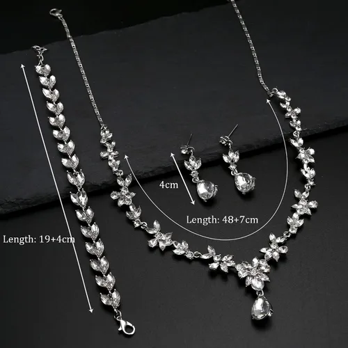 Vista 6 de FIBO STEEL Juego de joyas de diamantes de imitación, collar y pulsera para novia, dama de honor, boda, graduación, fiesta, joyería, Diamantes