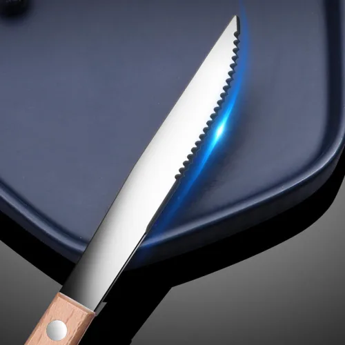 Vista 5 de Juego de 20 cubiertos de acero inoxidable con mango de madera maciza para 4 personas, cuchillo para carne, cuchara de postre (oscuro)