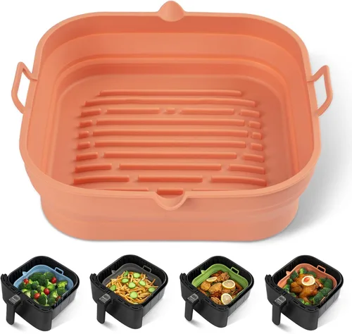 Vista 10 de [Paquete de 2] Forros cuadrados de silicona para freidora de aire – Cesta reutilizable para freidora de aire – Olla fácil de limpiar para freidora