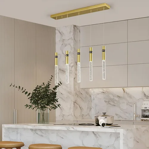 Vista 9 de Iluminación colgante de 3 luces para comedor, lámpara LED regulable moderna de oro con luces colgantes de cristal de burbujas, isla de cocina