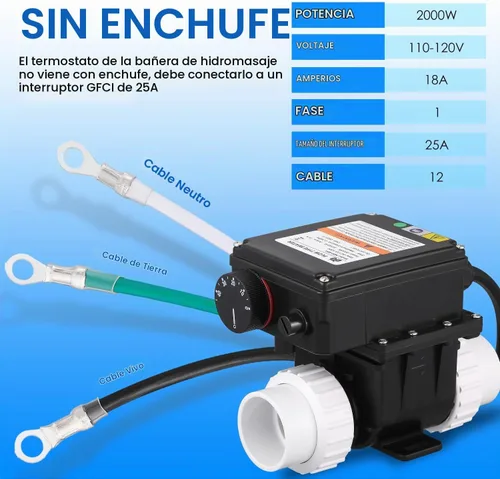 Vista 5 de Mxmoonant Termostato de bañera de hidromasaje de 2KW 110V, calentador de spa, termostato de bañera de hidromasaje con control de temperatura