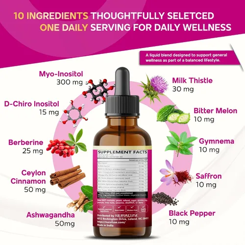 Vista 3 de Liposomal Myo & D-Chiro Inositol, Berberina, Gotas líquidas de canela – 1565 mg por porción, ultra potente, sabor a frambuesa – 2 onzas líquidas