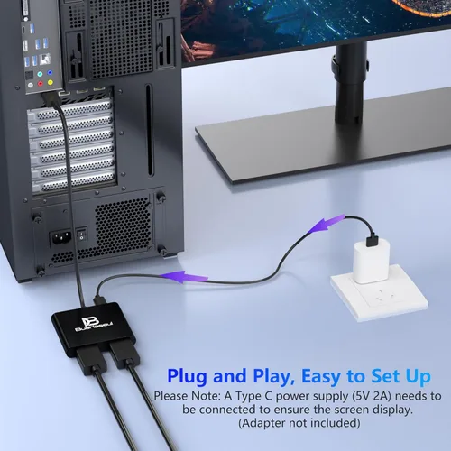 Vista 6 de Divisor DisplayPort a HDMI dual 4K a 60Hz, alimentado por USB-C, DisplayPort 1.4 MST Hub DP a HDMI 1 en 2 salidas divisor para monitores duales modo