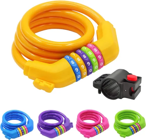 Vista 7 de Cable de bloqueo de bicicleta con soporte de montaje, bloqueo de cable de bicicleta con combinación de 5 dígitos, 4 pies de largo x 1/2 pulgada