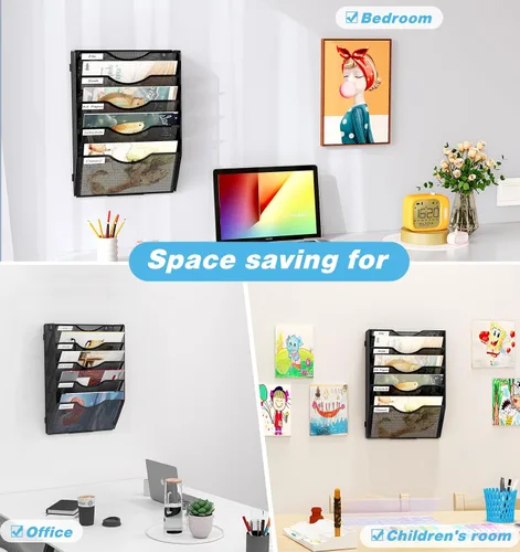 Vista 7 de Soporte para archivos para colgar en la pared, organizador de papel para colgar en la pared, 5 bolsillos, estante de almacenamiento, color negro
