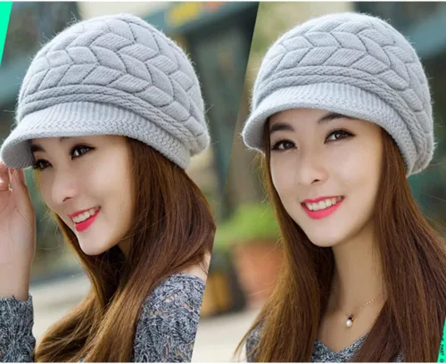 Vista 2 de XYX Gorro de lana para mujer, cálido, elástico, suave, con visera de punto, con visera