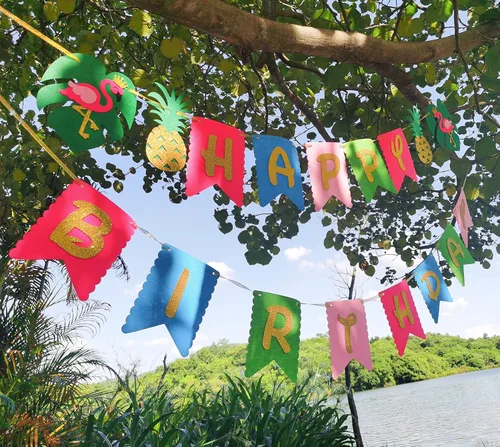 Vista 8 de Decoración de fiesta hawaiana Suministros de fiesta Luau Banner tropical hawaiano, guirnalda de flamencos para suministros de cumpleaños