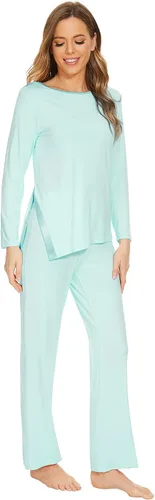 Vista 3 de WiWi Conjunto de pijama para mujer, súper suave, manga larga, ropa de dormir, ropa de dormir, ropa de descanso, viscosa de bambú, S-XXL A-aqua