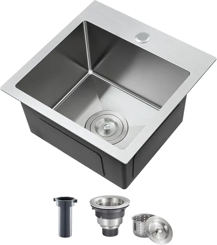 Vista 14 de ROVATE Fregadero de barra empotrable de 13 x 15 x 8 pulgadas, Fregadero de cocina pequeño de montaje superior de un solo compartimento, Fregaderos