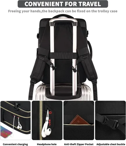 Vista 5 de Mochila de viaje para mujeres y hombres, mochila de transporte de 17.3 x 13.4 x 7.9 pulgadas, aprobada por la TSA, resistente al agua, mochilas