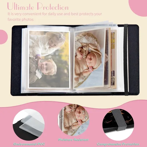 Vista 3 de Álbum de fotos de 4 x 6 pulgadas, capacidad para 60 fotos, cubierta de piel sintética, álbum de fotos con banda elástica fuerte, álbum de fotos Niña
