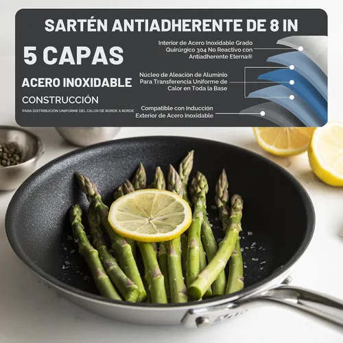 Vista 2 de VIKING Culinary Professional - Sartén antiadherente de acero inoxidable de 5 capas, 8 pulgadas, mango ergonómico que se mantiene fresco, apto